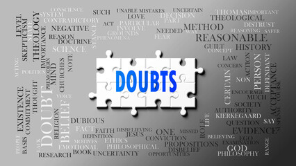 Doubts as a complex subject, related to important topics. Pictured as a puzzle and a word cloud made of most important ideas and phrases related to doubts. ,3d illustration