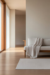 Cozy modern living room with natural light and minimalistic decor in a serene setting