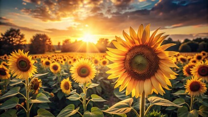 Fototapeta premium Vintage Sunflower Field: Heliotropic Blooms in Golden Hour Sunlight