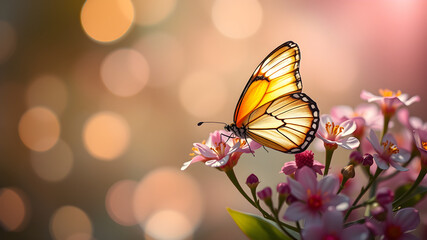 Obraz premium A vibrant butterfly with wings outstretched, delicately perched on a cluster of pink flowers against a soft, bokeh background