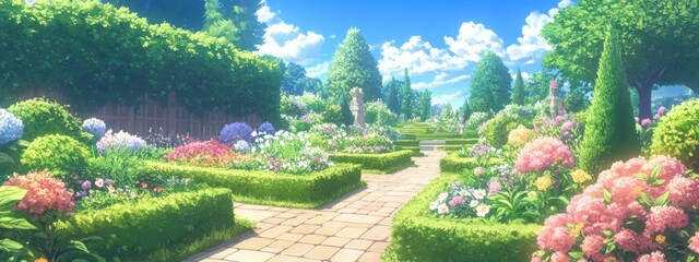 Vibrant Garden Oasis with Neatly Trimmed Hedges, Colorful Blossoms, and Inviting Walkways for Tranquil Strolls