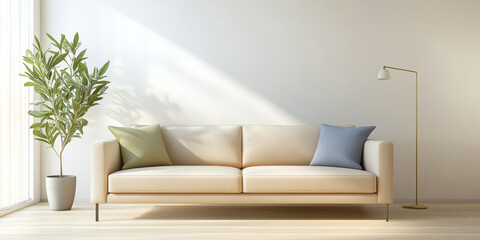 Modern minimalist living room with a stylish sofa and decorative plant