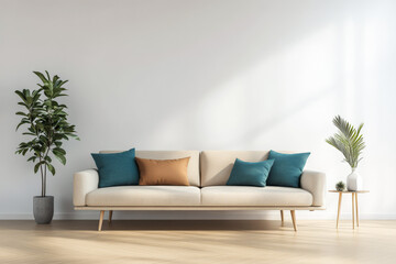 Modern living room with a stylish sofa decorative plants and natural light in a cozy setting