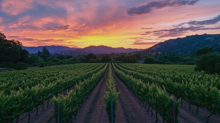 Fototapeta premium Serene Vineyard at Dusk, lush grapevines basking in warm golden light, tranquil atmosphere, soft hues painting the sky
