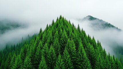 Fototapeta premium Lush Green Pine Trees in Foggy Mountain Landscape in Nature