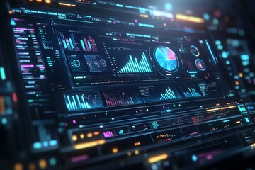 Naklejka premium Data analysis dashboard, futuristic interface, glowing charts, technology background; website banner