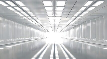 Fototapeta premium White futuristic empty room with large ceiling lights, flat wall panels, and a glossy reflective floor, creating a bright and minimalistic sci-fi atmosphere suitable for modern and innovative concepts