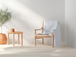 Cozy reading corner with a chair small table and plant in a bright room