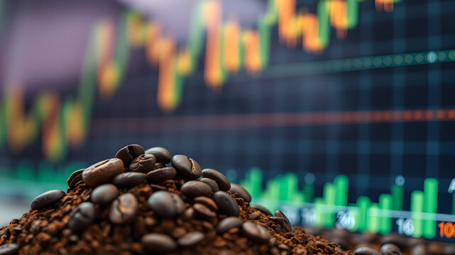 A close-up of a pile of roasted coffee beans with a blurred background of a stock market chart with fluctuating lines. - Powered by Adobe