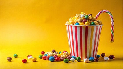 Vintage Sweet Popcorn & Dragees in Striped Bucket - Yellow Background Stock Photo