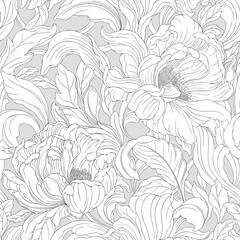 Obraz premium Luxurious baroque and victorian seamless pattern. Floral pattern for wallpaper or fabric, hand drawn style print. Isolated sketch. Texture background for creativity and advertising