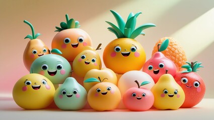 Cute Happy Fruits Cartoon Collection with Pastel Background, Cheerful and Colorful Illustration
