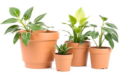 Fototapeta premium Vibrant Green Houseplants in Terracotta Pots Against a White Background. AI Generated