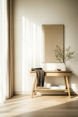 Stylish interior decor featuring a wooden table with a mirror and minimalist design in natural light