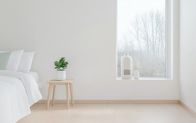 Modern bedroom interior with natural light and minimalist decor near a large window