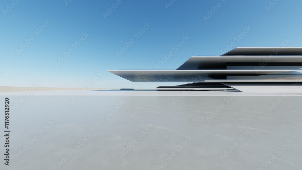 Poster 3d render of abstract modern architecture with empty cement floor, minimal exterior, car presentatio