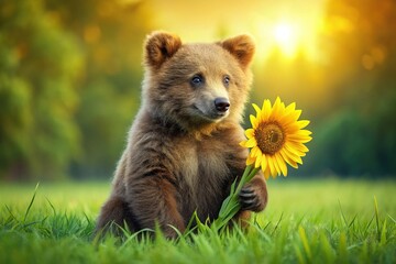 Obraz premium Adorable Bear Cub Holding a Sunflower - Cute Wildlife Stock Photo