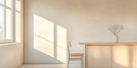 Fototapeta premium Empty room with sunlight casting shadows on a simple wooden chair and table