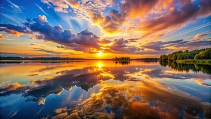 Golden hour paints Sunset Lake, its tranquil reflection mirroring a peaceful nature scene.