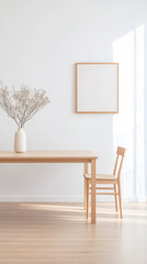 Minimalist dining area with wood table chair and decorative vase in bright natural light