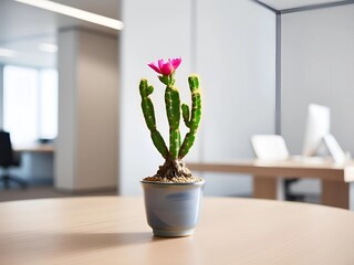 A blurred background of an empty, contemporary office space sets scene for a professional environment with clean lines and modern design. Cactus in office. Plant in office 