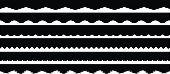 Scalloped edge seamless set. borders and dividers. Simple scalloped border. Repeat cute vintage frill ornament. Texture ribbons. Vector illustration isolated on white background.