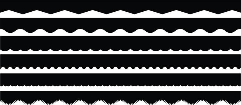 Scalloped edge seamless set. borders and dividers. Simple scalloped border. Repeat cute vintage frill ornament. Texture ribbons. Vector illustration isolated on white background.