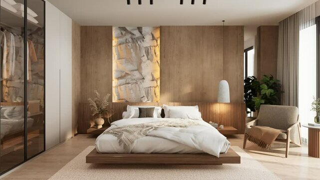 A modern bedroom with warm wooden accents, a cozy bed, stylish decor, and large windows allowing natural light to brighten the space. 3d rendering frontal interior room.
