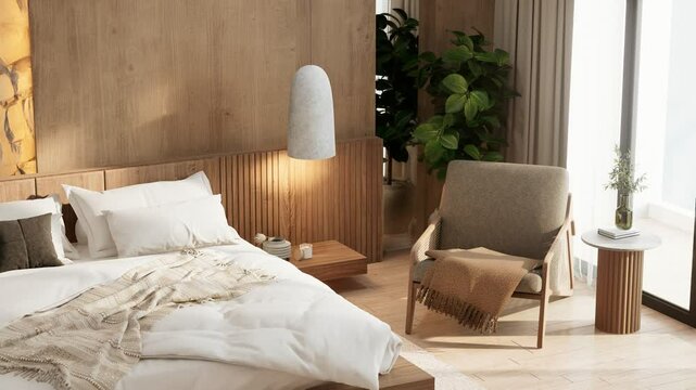A cozy, modern bedroom featuring a wooden headboard, soft linens, a stylish pendant light, and indoor plants for a warm, inviting atmosphere. 3d rendering 4K footage.