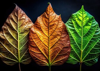 Autumn Leaf Progression: Vibrant Green to Brown on Black Background