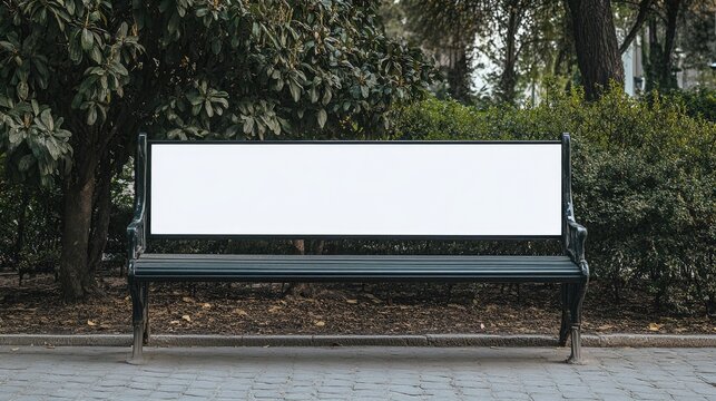 Empty park bench with blank billboard for advertisement.