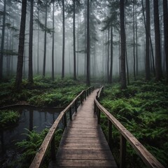 A foggy forest morning with a wooden boardwalk leading deeper into the mysterious woods.