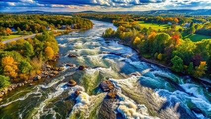 Brownsburg-Chatham River Rapids: Aerial Drone View of Fast-Flowing Water