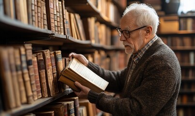 Elderly man browses antique books in library