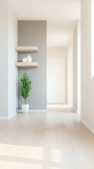 Fototapeta premium Modern interior design featuring minimalist decor and natural light in a bright hallway