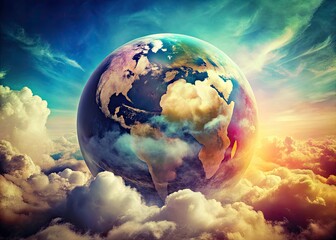 Naklejka premium Vintage Earth Photo, Vivid Clouds, White Background, Retro Planet Image, Celestial Art