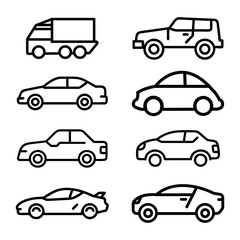 Transporttation vehicles automobile traffic of trasport car van truck black siluete side view pictograms icons outline set colletions vector flat design white background