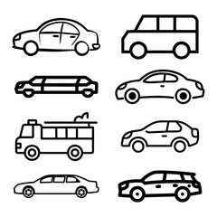 Transporttation vehicles automobile traffic of trasport car van truck black siluete side view pictograms icons outline set colletions vector flat design white background