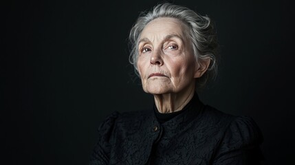 Obraz premium Contrast portrait of an elderly woman with gray hair, isolated on black background