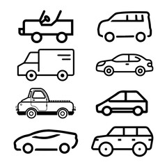 Transporttation vehicles automobile traffic of trasport car van truck black siluete side view pictograms icons outline set colletions vector flat design white background