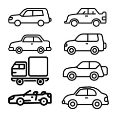 Transporttation vehicles automobile traffic of trasport car van truck black siluete side view pictograms icons outline set colletions vector flat design white background