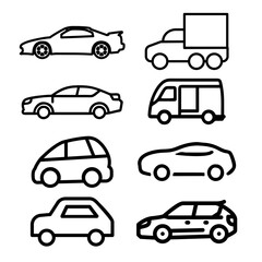 Transporttation vehicles automobile traffic of trasport car van truck black siluete side view pictograms icons outline set colletions vector flat design white background