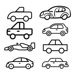 Transporttation vehicles automobile traffic of trasport car van truck black siluete side view pictograms icons outline set colletions vector flat design white background