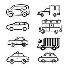 Transporttation vehicles automobile traffic of trasport car van truck black siluete side view pictograms icons outline set colletions vector flat design white background