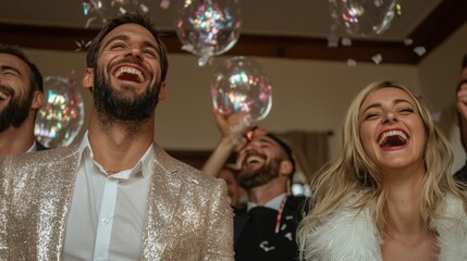 Joyful Diverse Team Celebrates Success with Balloons