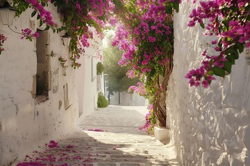 Sunlit alleyway with whitewashed buildings, overflowing with vibrant purple bougainvillea. Lush foliage creates a romantic, picturesque scene. Mediterranean architecture and flowers.