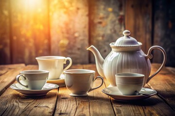 Fototapeta premium Vintage White Tea Set: Elegant Porcelain Teaware on Rustic Wooden Table