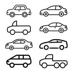 Transporttation vehicles automobile traffic of trasport car van truck black siluete side view pictograms icons outline set colletions vector flat design white background