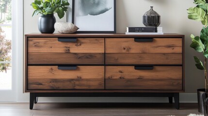 a wooden dresser with a plant and a picture on the wall