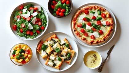 Fresh Pizza and Colorful Salad Combo with Healthy Ingredients on White Table